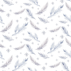Naklejka na meble Watercolor seamless Christmas pattern with floral forest tree, snowflakes, branches. Penguin winter snow hand drawn