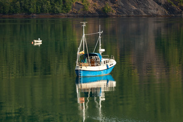 Wall Mural - Small beautiful boat in a lake or in a large river