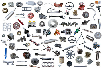 Wall Mural - Auto spare parts car on the white background. Set with many isolated items for shop or aftermarket