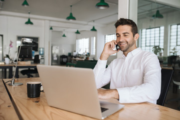 Wall Mural - Smiling businessman sitting at his desk talking on a cellphone