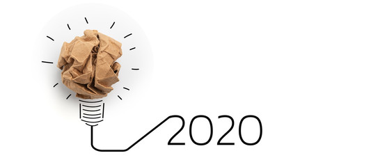 Fototapete - 2020 creativity inspiration concepts with lightbulb on white background.Business solution,planning ideas.glowing contents
