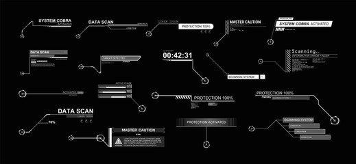 Callouts titles in HUD style. Futuristic callout bar labels, information call box bars and modern digital info boxes layout templates. Interface elements HUD, UI, GUI. Vector Titles set