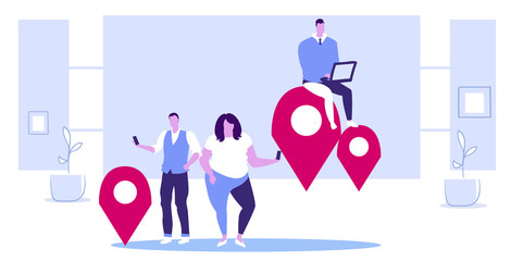 Poster - people using gadgets online navigation app concept men women near location markers geo tags gps pointers modern office interior sketch full length horizontal