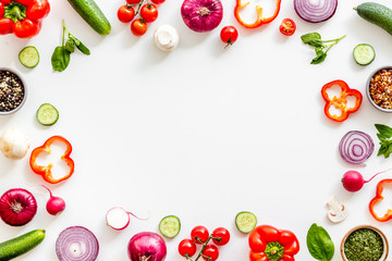 Wall Mural - Cook frame with fresh vegetables on white background top view space for text