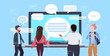 © mast3r - people using laptop computer messenger application chat bubble communication concept rear view men women chatting online speech conversation horizontal portrait