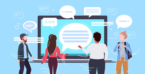 Poster - people using laptop computer messenger application chat bubble communication concept rear view men w