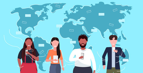 Poster - people using smartphones mobile messenger application chatting online communication concept mix race men women standing together world map background flat horizontal portrait