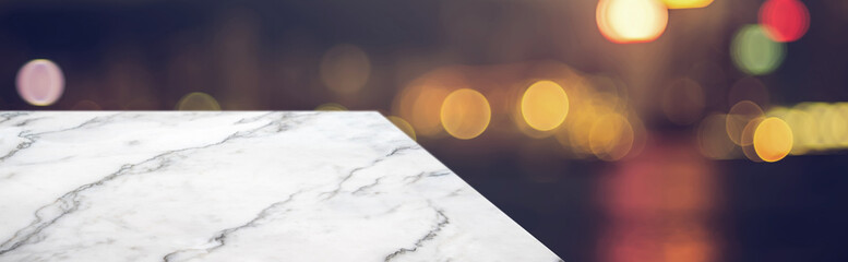 Aufkleber - marble table top product display background with blur night cityscape.left perspective stone patio counter with street bokeh lights.Banner mockup presentation for your product on online media.