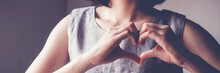 Woman Making Hands In Heart Shape, Heart Health Insurance, Social Responsibility, Donation Charity, World Heart Day,  Appreciation Concept, World Mental Health Day, Think Positive, Mindfulness Concept