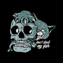 Skull Steals Fish From Cats. Don't Steal My Fish. Angry Spooky Cat Vector Illustration For Poster, T-shirt, Or Sticker