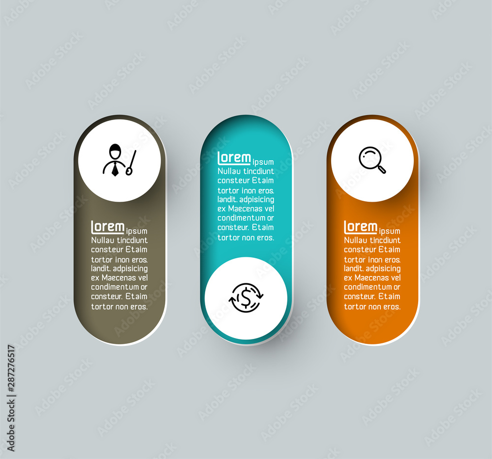 Vector Infographic 3d long circle label, infographic with number 3 options processes. - obrazy, fototapety, plakaty 