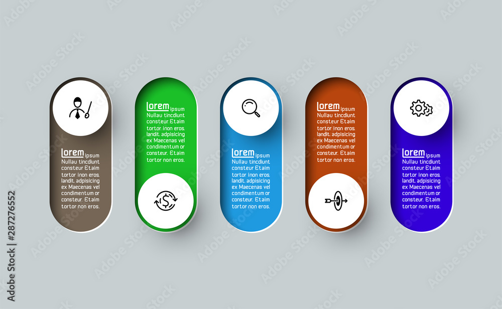 Vector Infographic 3d long circle label, infographic with number 5 options processes. - obrazy, fototapety, plakaty 