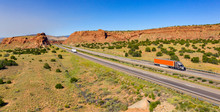 Vehicle And Truck Traffic Travel Along Interstate 40 In New Mexico