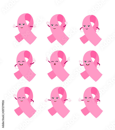 Cartoon Pink Ribbon Character Set Breast Cancer Awareness Month