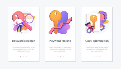 Poster - search engine optimization service icons set. seo analytics, marketing business. keyword research, k