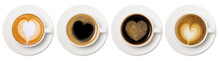 Coffee Cup Assortment With Heart Sign Top View Collection Isolated On White Background.