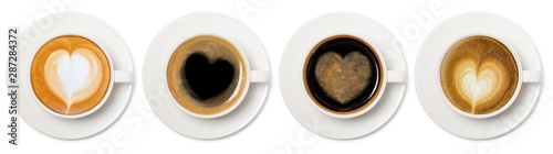 Photographie coffee cup assortment with heart sign top view collection isolated on white background