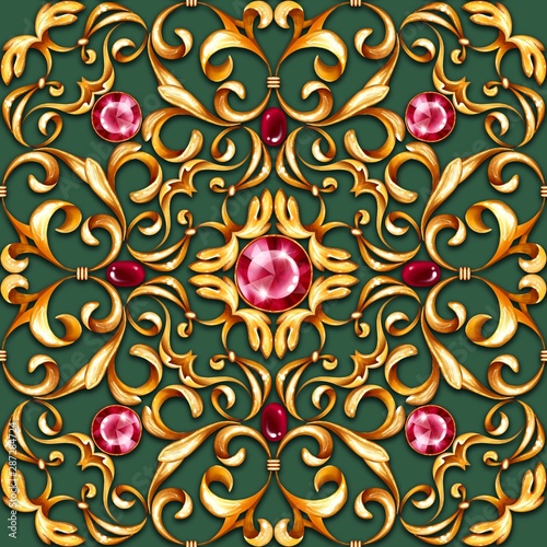 Seamless baroque pattern with decorative golden leaves and gems