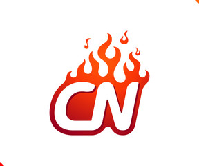 Uppercase initial logo letter CN blazing flame silhouette,  simple and retro style logotype for adventure and sport activity.