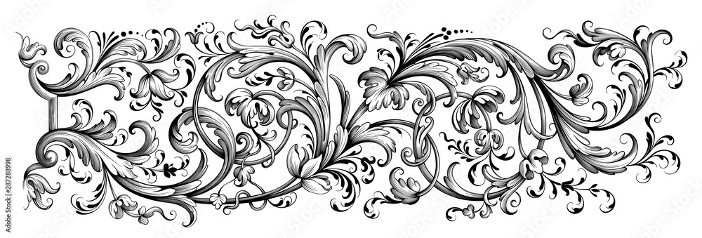 Vintage Baroque Victorian frame border flower pattern vector floral engraved scroll ornament leaf retro decorative design tattoo black and white filigree calligraphic heraldic shield swirl - obrazy, fototapety, plakaty 