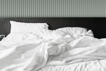 Aufkleber - Comfortable bedroom,messy bedding sheets and duvet with wrinkle messy in the bedroom