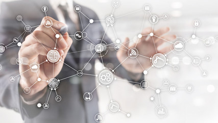 Wall Mural - technology industrial business process workflow organisation structure on virtual screen. iot smart 
