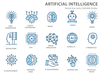 Aufkleber - artificial intelligence line icons set. vector illustration. editable stroke.