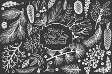 Christmas Banner Template. Vector Hand Drawn Illustrations On Chalk Board. Greeting Card Design In Retro Style. Winter Background