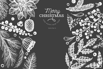 Wall Mural - Christmas banner template. Vector hand drawn illustrations on chalk board. Greeting card design in retro style. Winter background