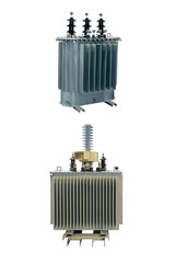 two powerful modern energy-saving electric transformers isolated on a white background