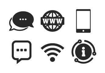 Poster - Smartphone and chat speech bubble symbols. Chat, info sign. Communication icons. Wifi and internet globe signs. Classic style speech bubble icon. Vector