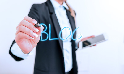 Poster - Writing note showing Blogquestion. Business concept for regularly updated website web page run by individual Digital business in black suite concept with business woman
