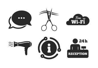 Poster - Wi-fi, Hairdryer in room signs. Chat, info sign. Hotel services icons. Wireless Network. Hairdresser or barbershop symbol. Reception registration table. Classic style speech bubble icon. Vector