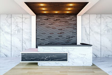 Interior Of Modern Hotel Lobby Area And Reception Desk, 3D Rendering 