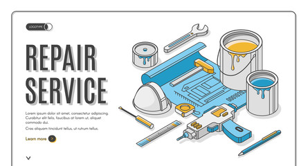 Repair service isometric landing page, engineering construction plan with tools for house renovation as paint, drill, helmet. Architect building company service 3d vector web banner template, line art