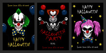 Set Of Vector Halloween Illustrations. Evil Clowns, Clown Driving A Motorcycle. Design Elements For Cards, Flyers, Banners, Invitations, Posters, Posters.