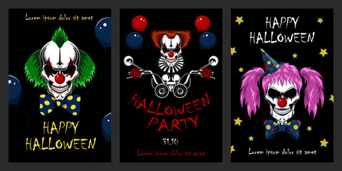 Set of vector halloween illustrations. Evil clowns, clown driving a motorcycle. Design elements for cards, flyers, banners, invitations, posters, posters.