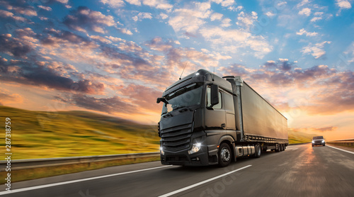 Fotomural Truck with container on highway, cargo transportation concept
