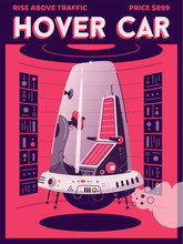 Hover Car Flat Vector Poster Template. Vector Cartoon Illustration