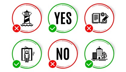 Poster - Engineering documentation, Elevator and Lighthouse icons simple set. Yes no check box. Skyscraper buildings sign. Manual, Lift, Searchlight tower. Town architecture. Industrial set. Vector
