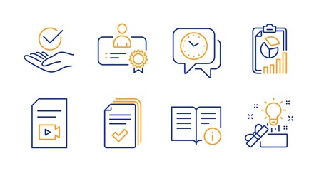 technical info, handout and report line icons set. certificate, approved and clock signs. video file