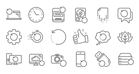 Poster - Recovery line icons. Backup, Restore data and recover file. Laptop renew, drive repair and phone recovery icons. Linear set. Quality line set. Vector