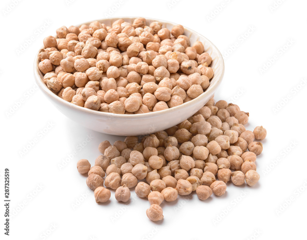 Bowl with raw chickpea on white background