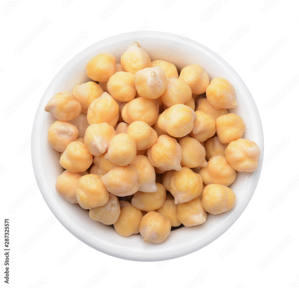 Bowl with raw chickpea on white background