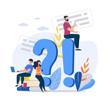 Bright Banner Answers On Questions Cartoon Flat. Monitoring Implementation Tasks. Guy With Girl Looking For Information On Issue. Man Sits On Big Exclamation Mark. Vector Illustration.