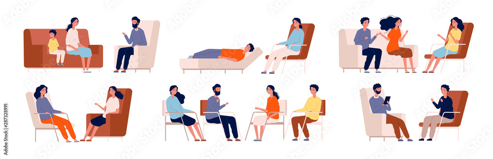 Psychologist. Group therapy couch talking medical consultant sitting family consulting vector characters. Professional psychotherapy talking, psychology counseling illustration - obrazy, fototapety, plakaty 