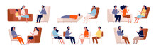 Psychologist. Group Therapy Couch Talking Medical Consultant Sitting Family Consulting Vector Characters. Professional Psychotherapy Talking, Psychology Counseling Illustration