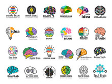 Brain Logo. Genius And Technology Smart Mind Business Concept Identity Vector Colored Symbols. Illustration Brain Logo, Idea Mind, Bright Brainstorm