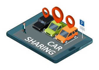 Poster - Isometric car sharing vector concept. Mobile app parking with cars and businessman illustration. Carpool and sharing car isometric