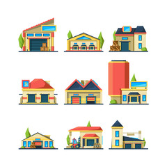 Wall Mural - Warehouse flat. Industrial buildings empty construction factory vector houses for packages and different items. Illustration building architecture, warehouse and garage